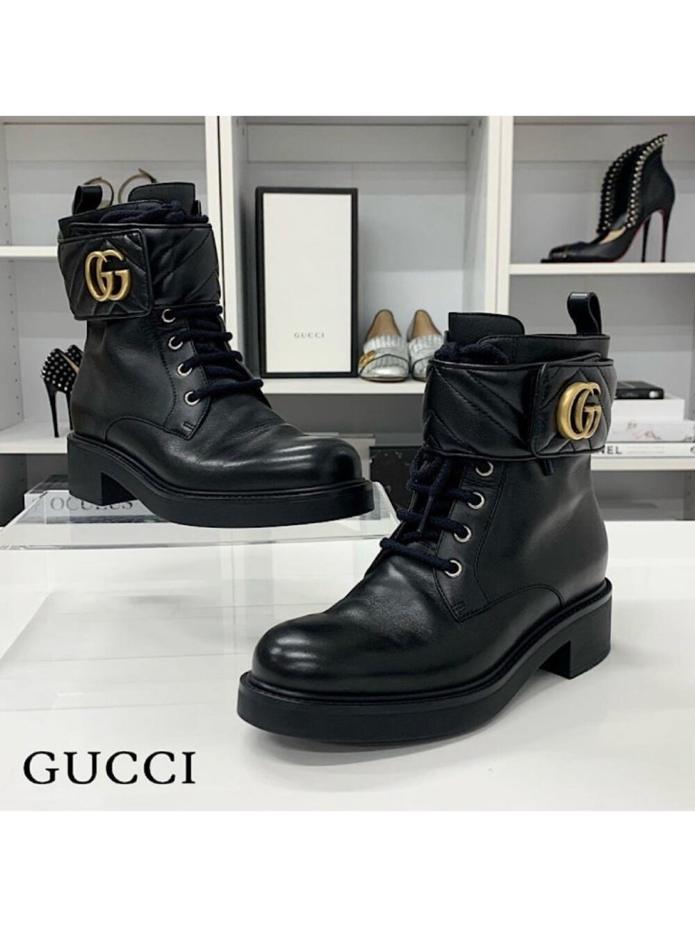 Gucci Leather Double Quilted Short Boots Black Gold